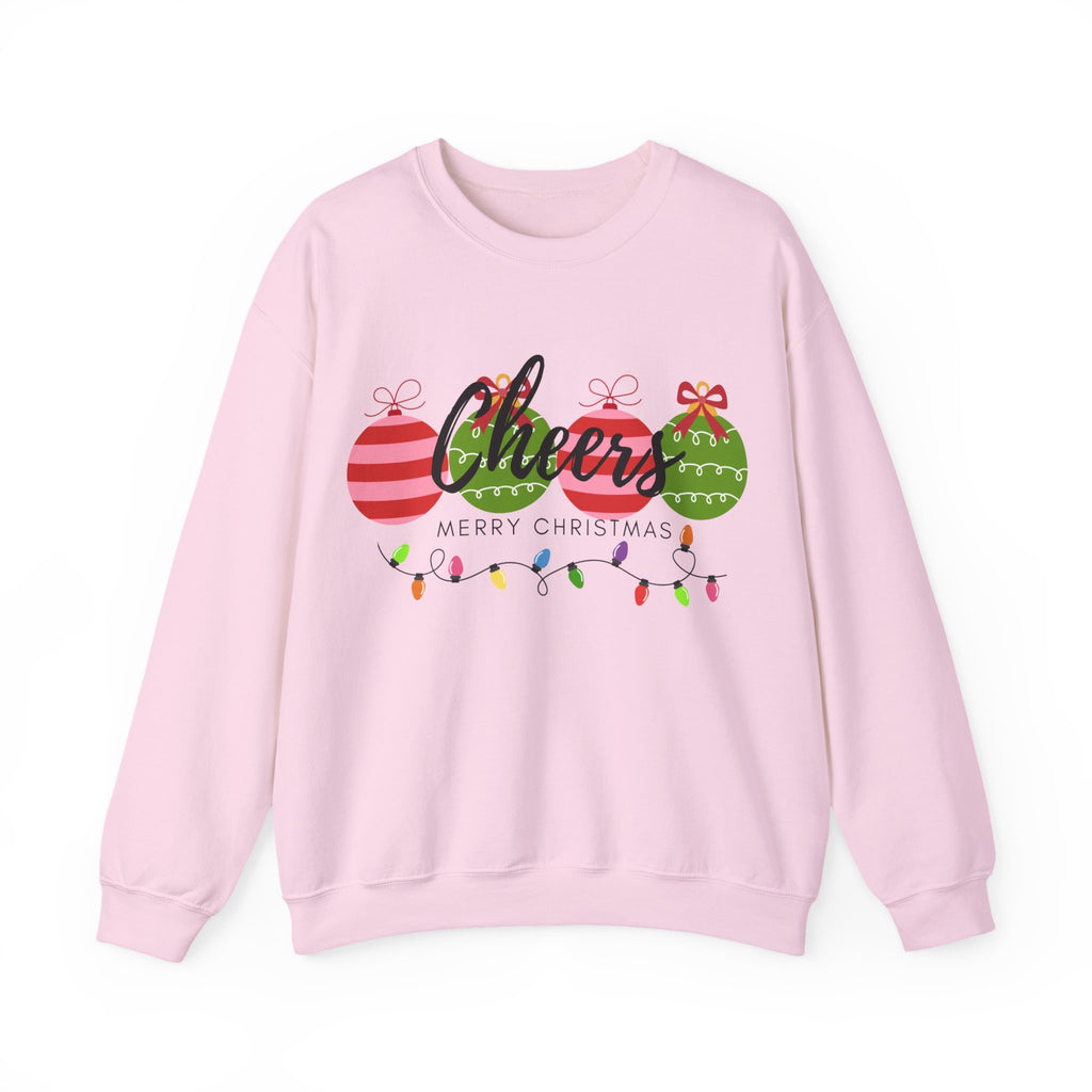 Cheers Merry Christmas Sweatshirt — Festive Ornaments & Lights Holiday Crewneck