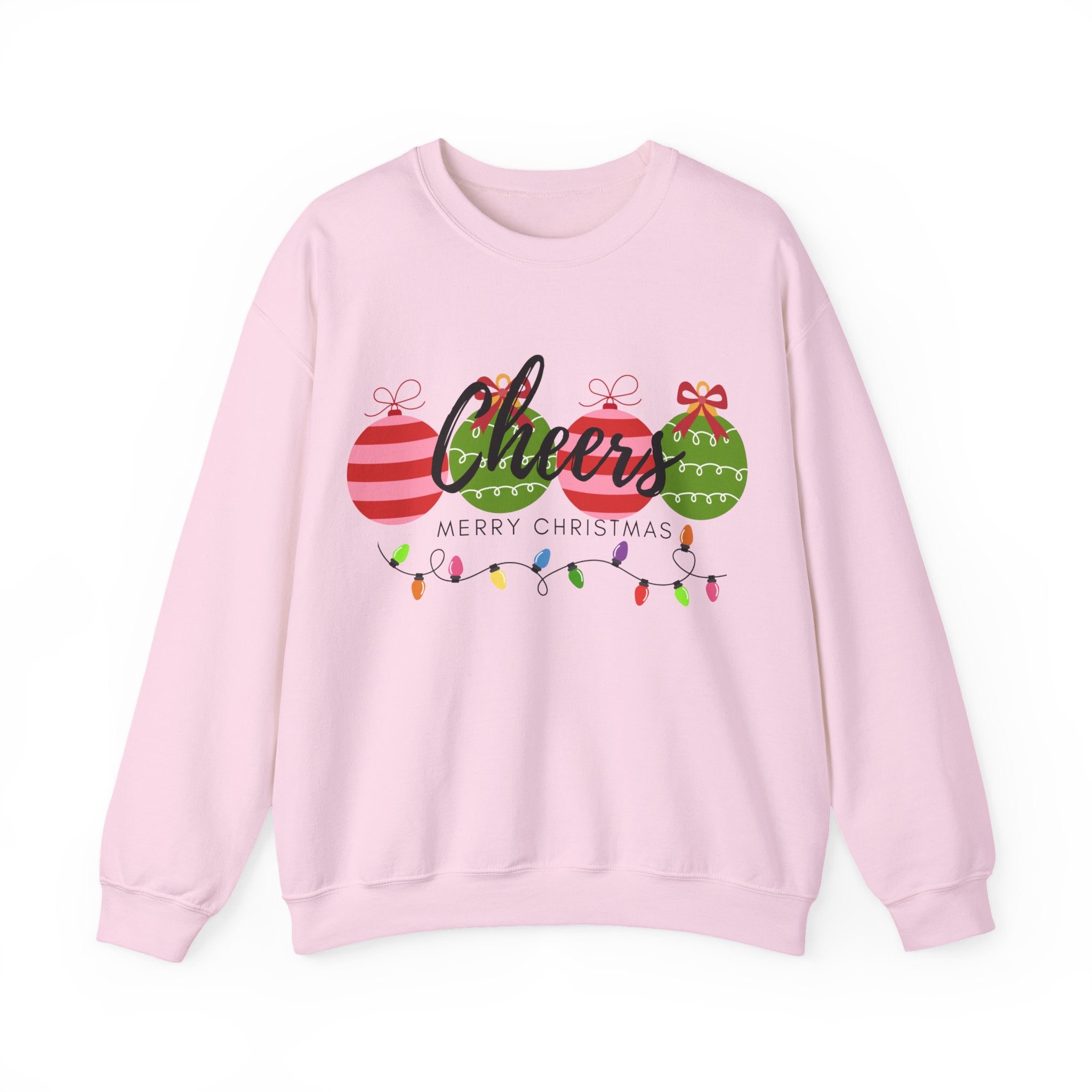 Cheers Merry Christmas Sweatshirt — Festive Ornaments & Lights Holiday Crewneck