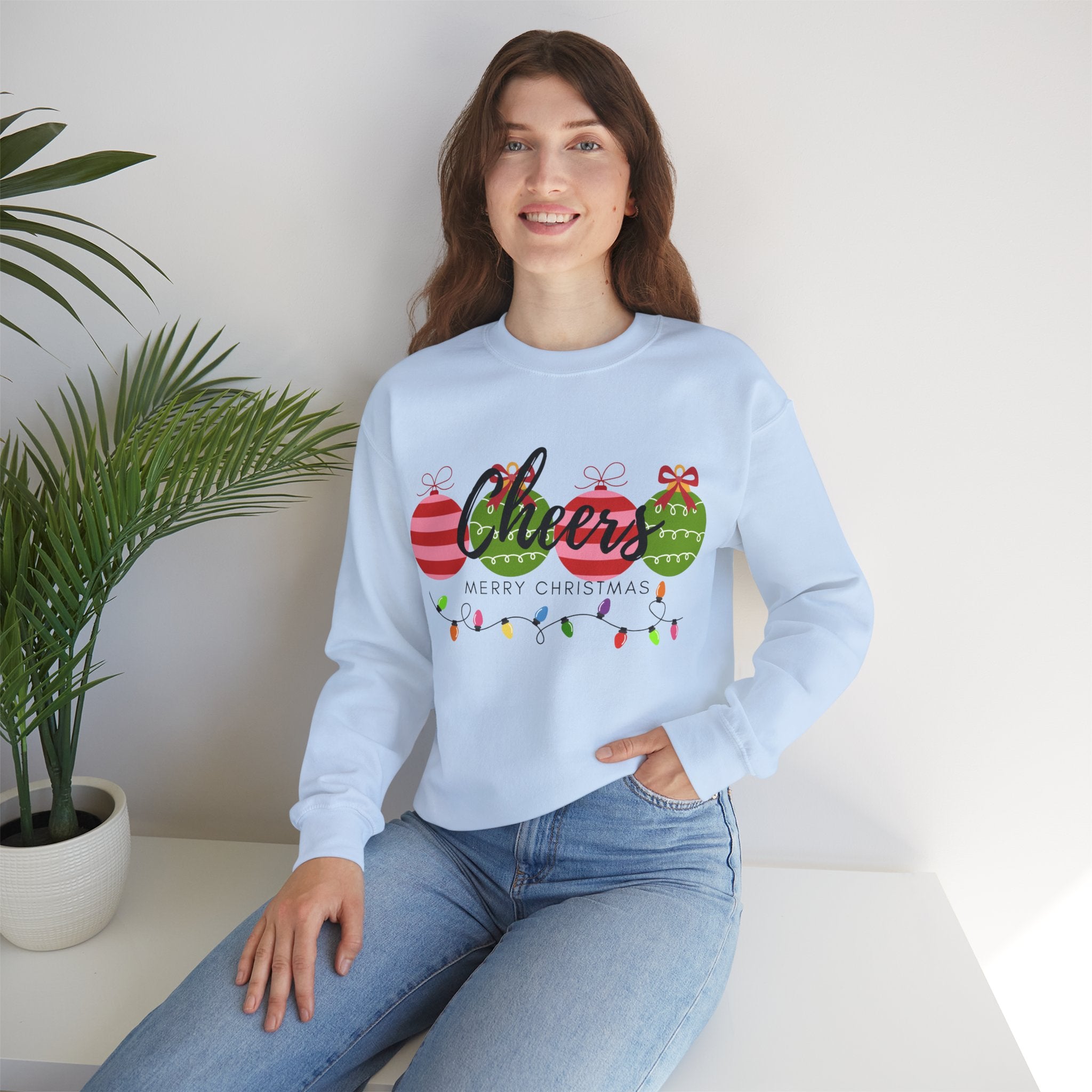 Cheers Merry Christmas Sweatshirt — Festive Ornaments & Lights Holiday Crewneck