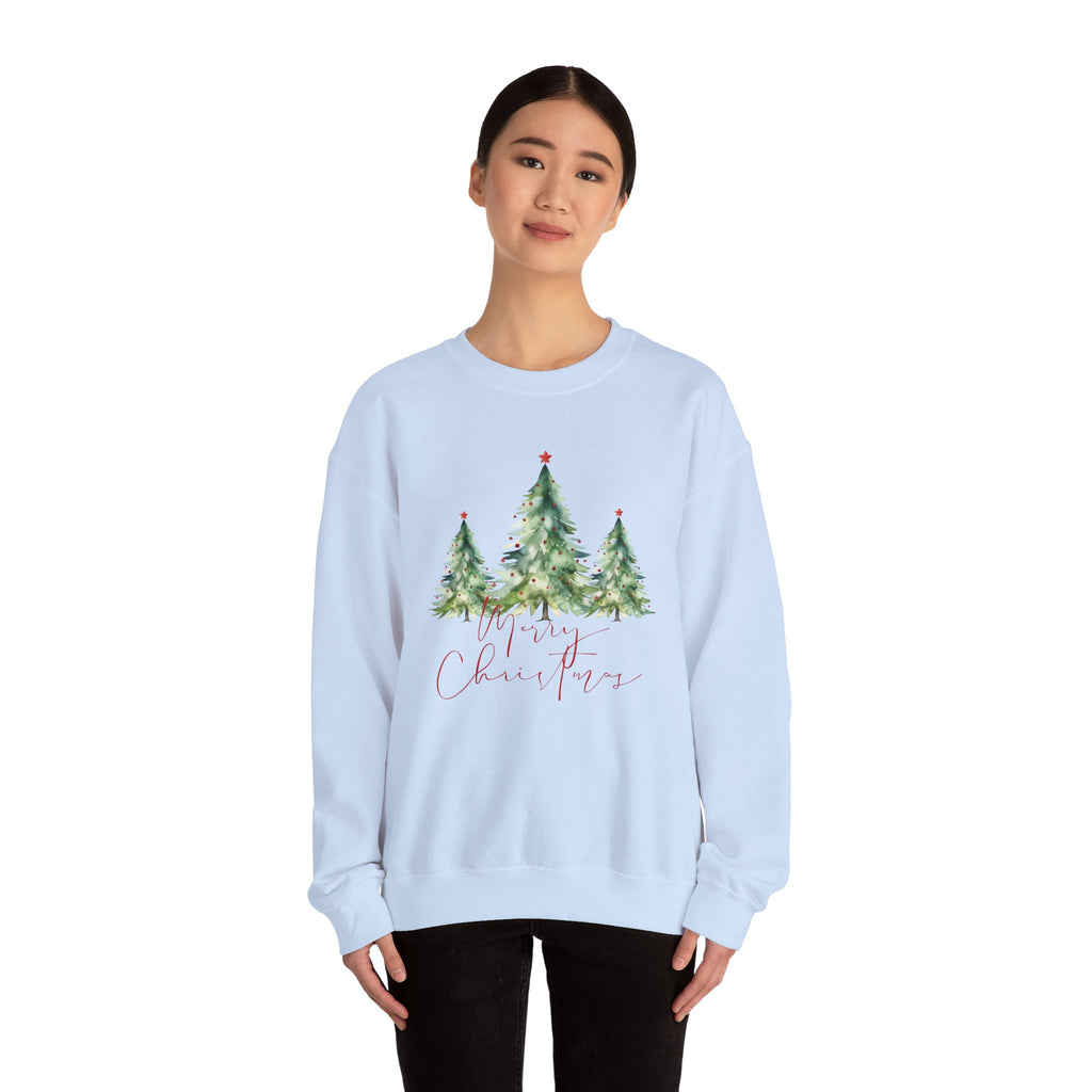 Christmas Tree Crewneck Sweatshirt — 'Merry Christmas' Watercolor Pines