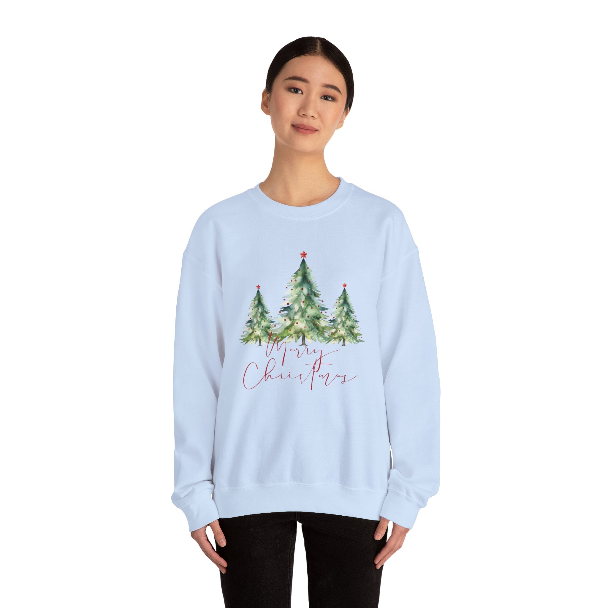 Christmas Tree Crewneck Sweatshirt — 'Merry Christmas' Watercolor Pines