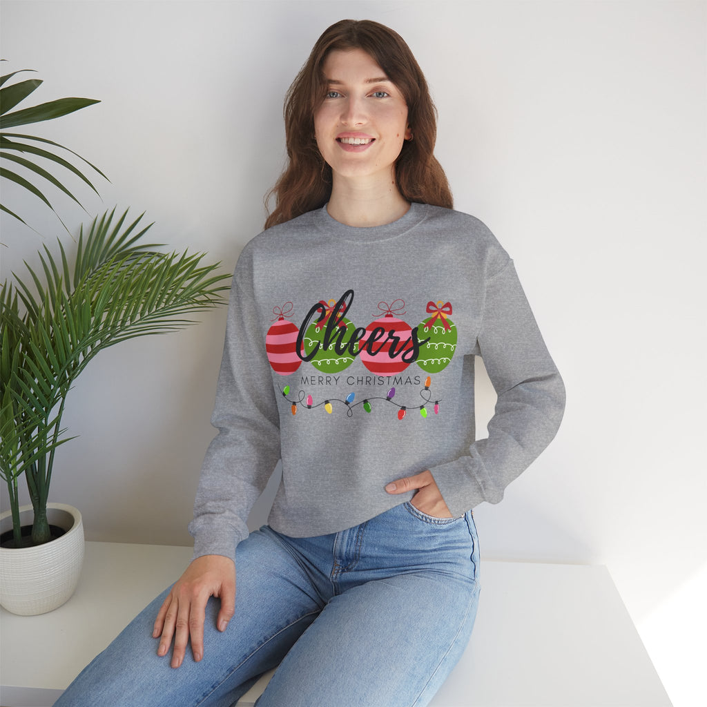Cheers Merry Christmas Sweatshirt — Festive Ornaments & Lights Holiday Crewneck