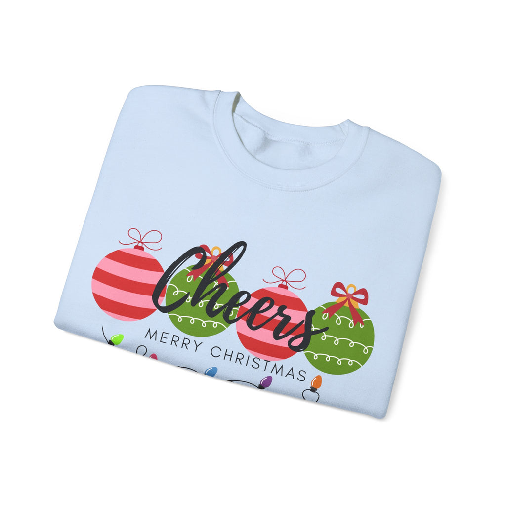 Cheers Merry Christmas Sweatshirt — Festive Ornaments & Lights Holiday Crewneck