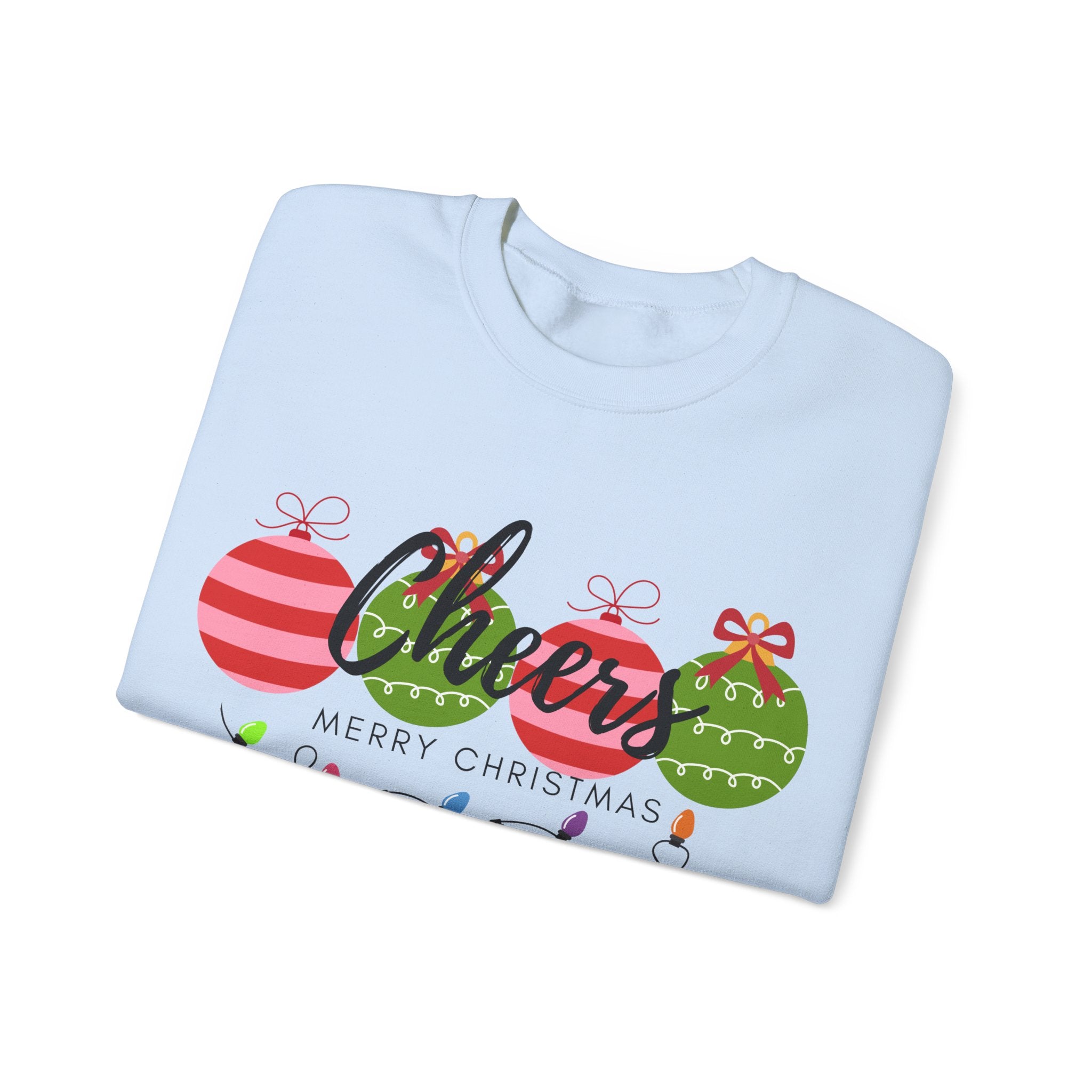 Cheers Merry Christmas Sweatshirt — Festive Ornaments & Lights Holiday Crewneck