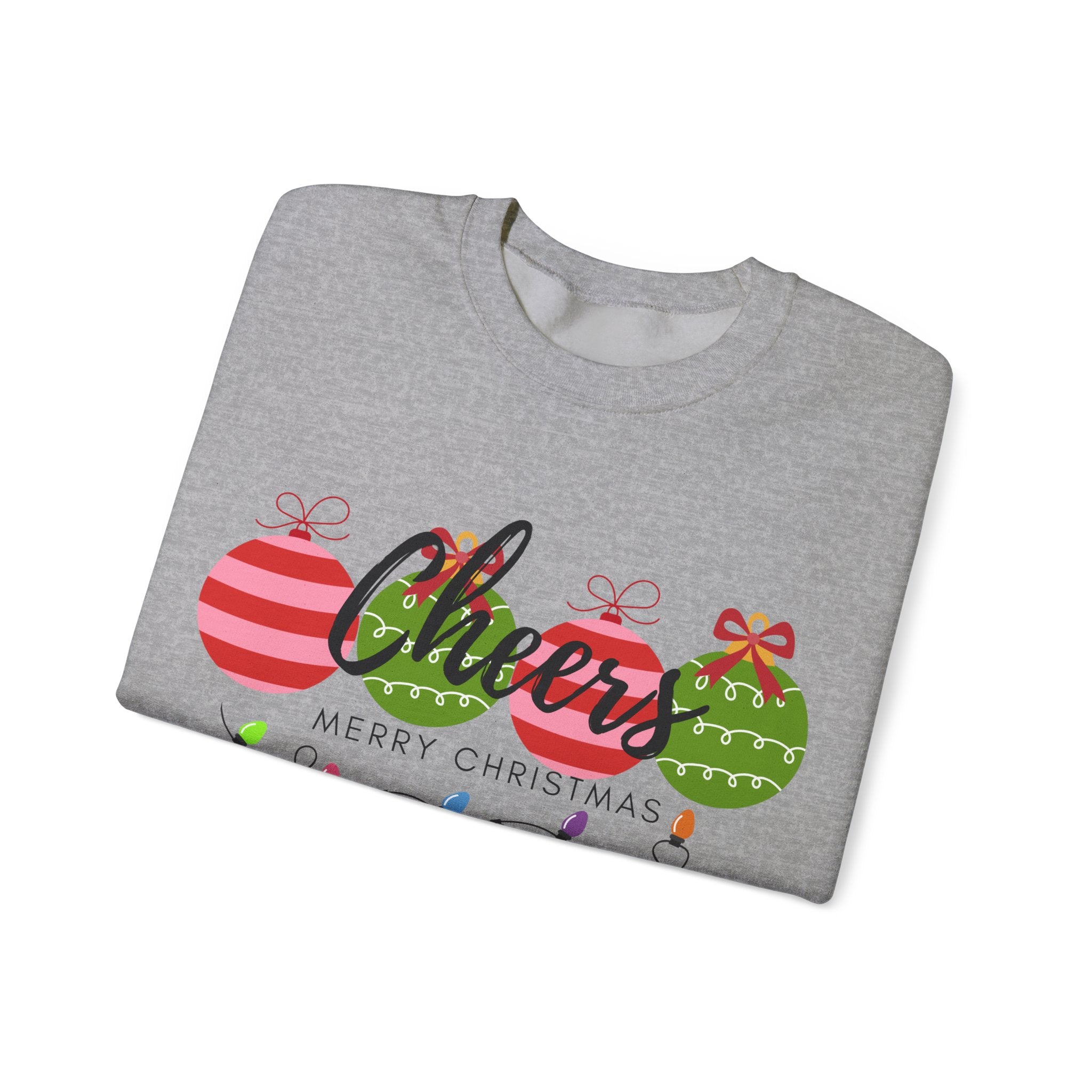 Cheers Merry Christmas Sweatshirt — Festive Ornaments & Lights Holiday Crewneck