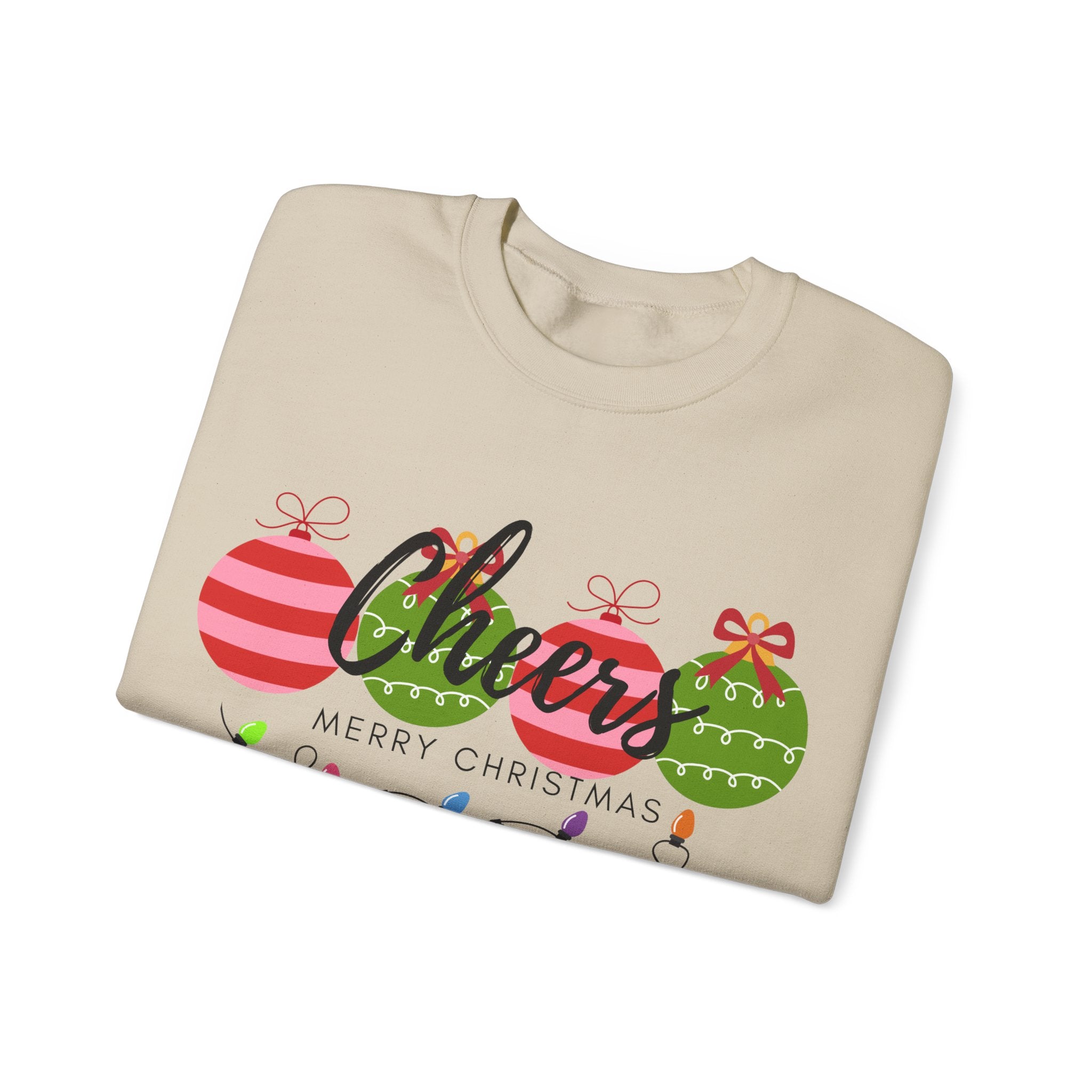 Cheers Merry Christmas Sweatshirt — Festive Ornaments & Lights Holiday Crewneck