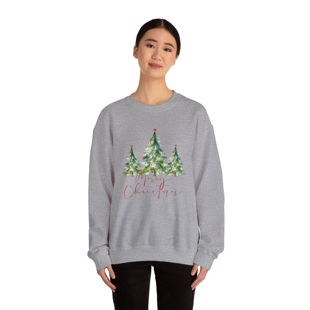 Christmas Tree Crewneck Sweatshirt — 'Merry Christmas' Watercolor Pines