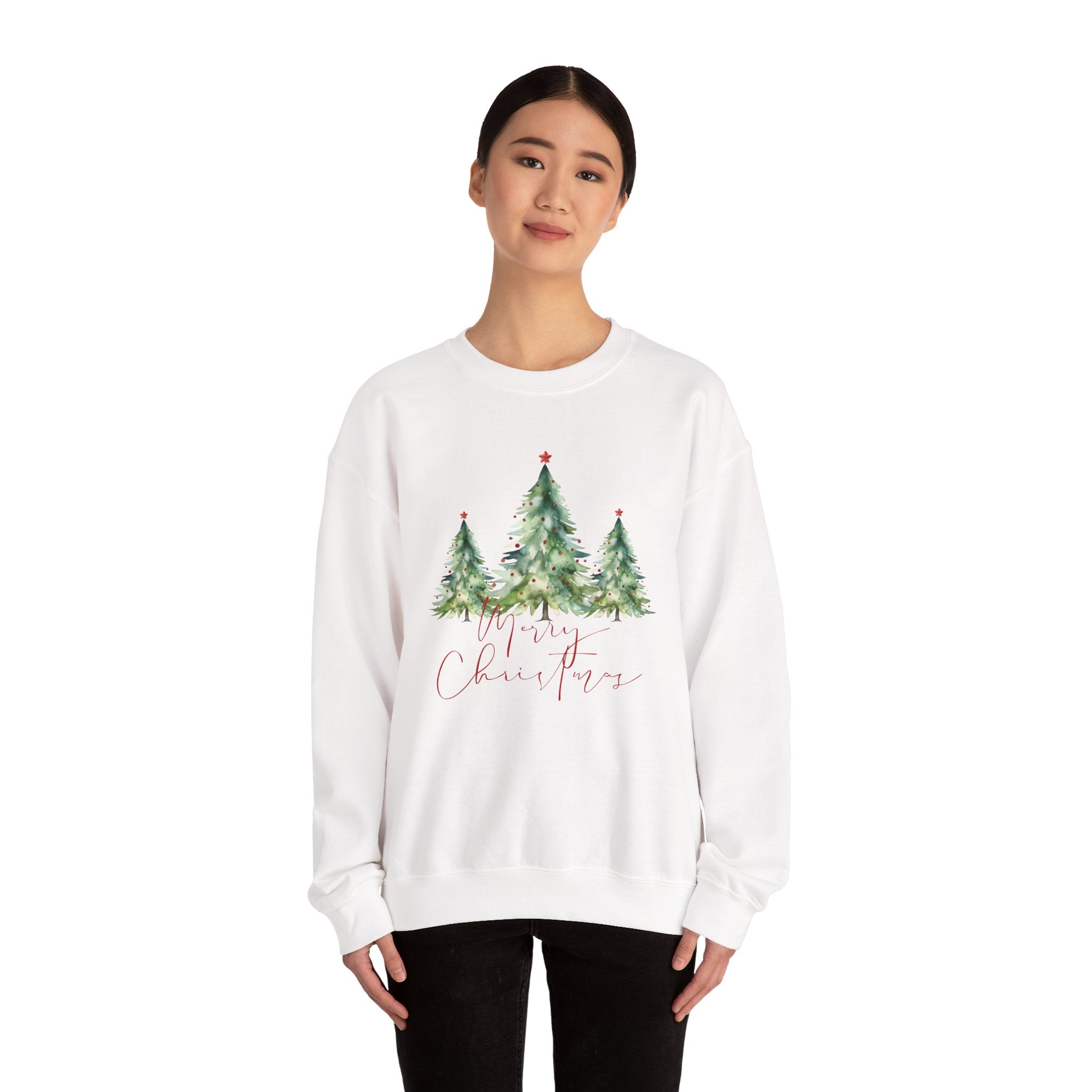 Christmas Tree Crewneck Sweatshirt — 'Merry Christmas' Watercolor Pines
