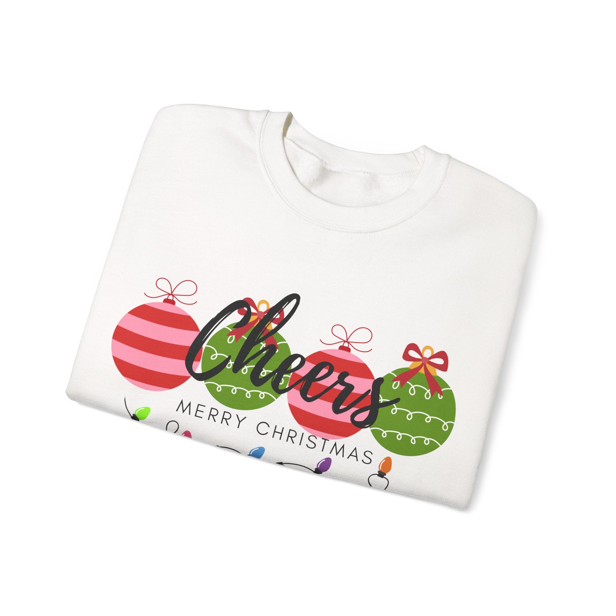 Cheers Merry Christmas Sweatshirt — Festive Ornaments & Lights Holiday Crewneck
