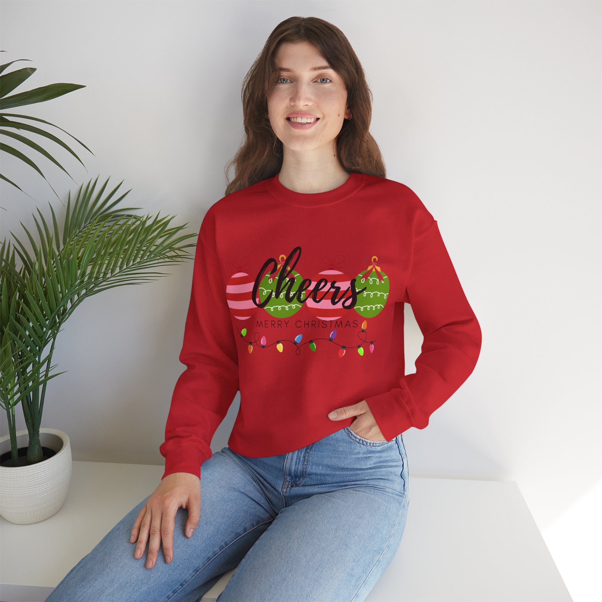 Cheers Merry Christmas Sweatshirt — Festive Ornaments & Lights Holiday Crewneck
