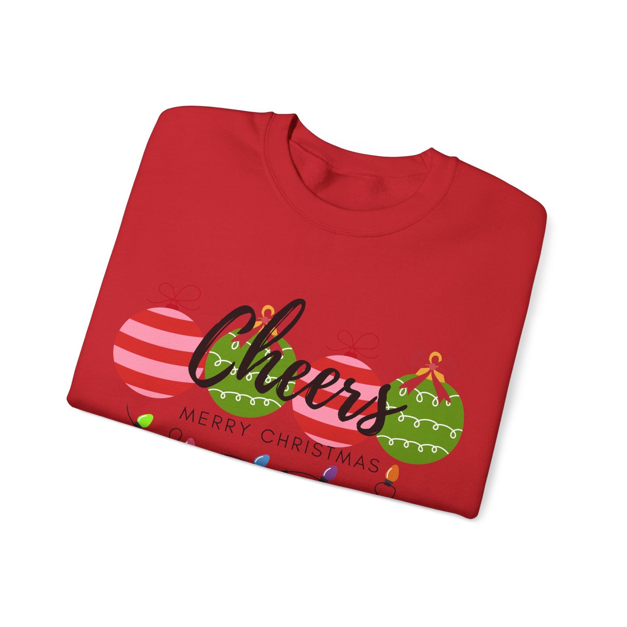 Cheers Merry Christmas Sweatshirt — Festive Ornaments & Lights Holiday Crewneck