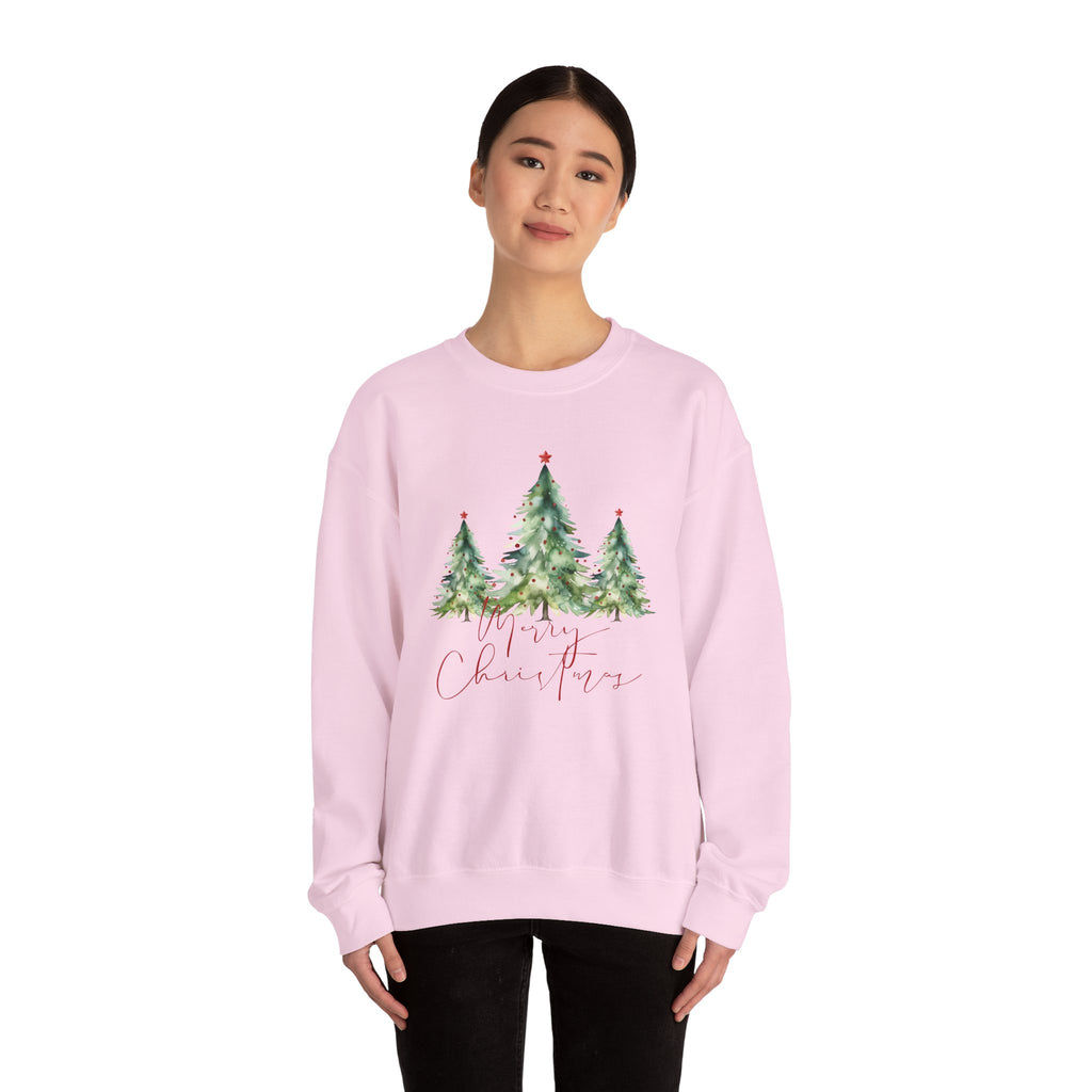 Christmas Tree Crewneck Sweatshirt — 'Merry Christmas' Watercolor Pines