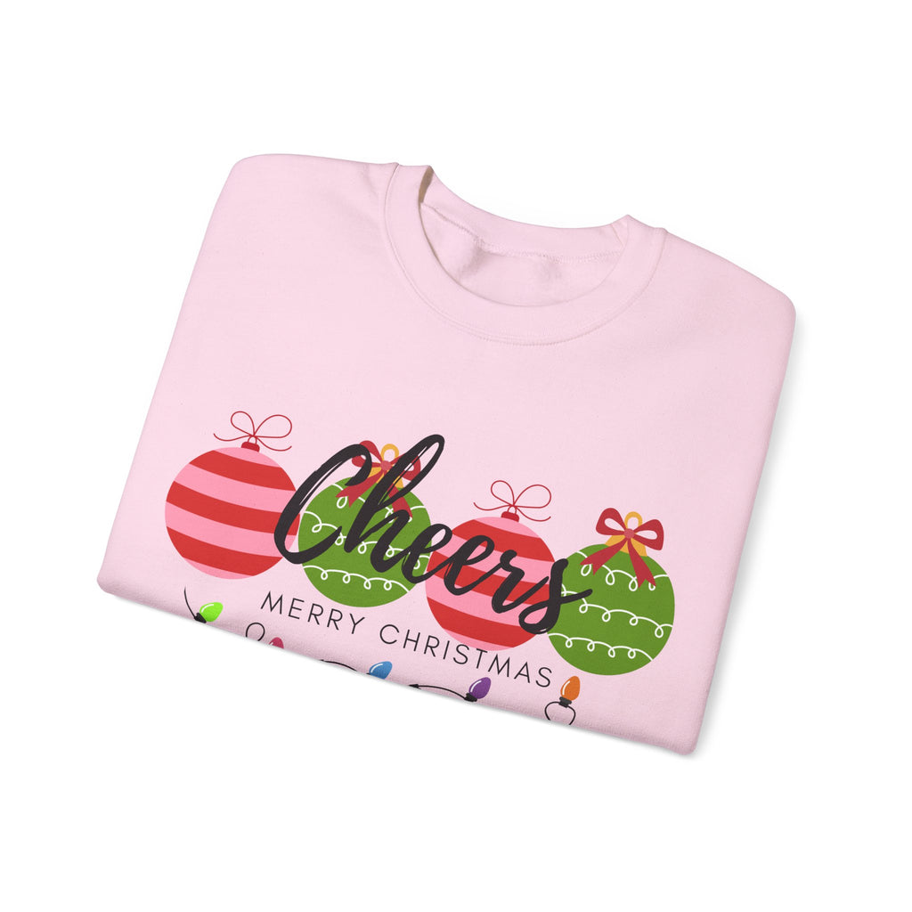 Cheers Merry Christmas Sweatshirt — Festive Ornaments & Lights Holiday Crewneck