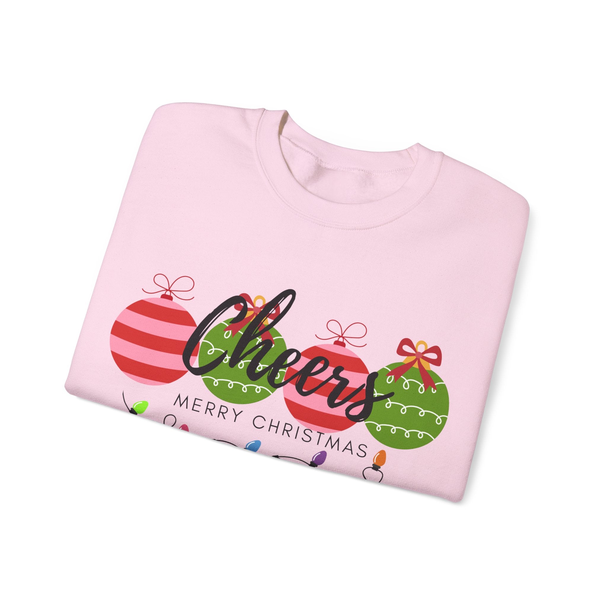 Cheers Merry Christmas Sweatshirt — Festive Ornaments & Lights Holiday Crewneck