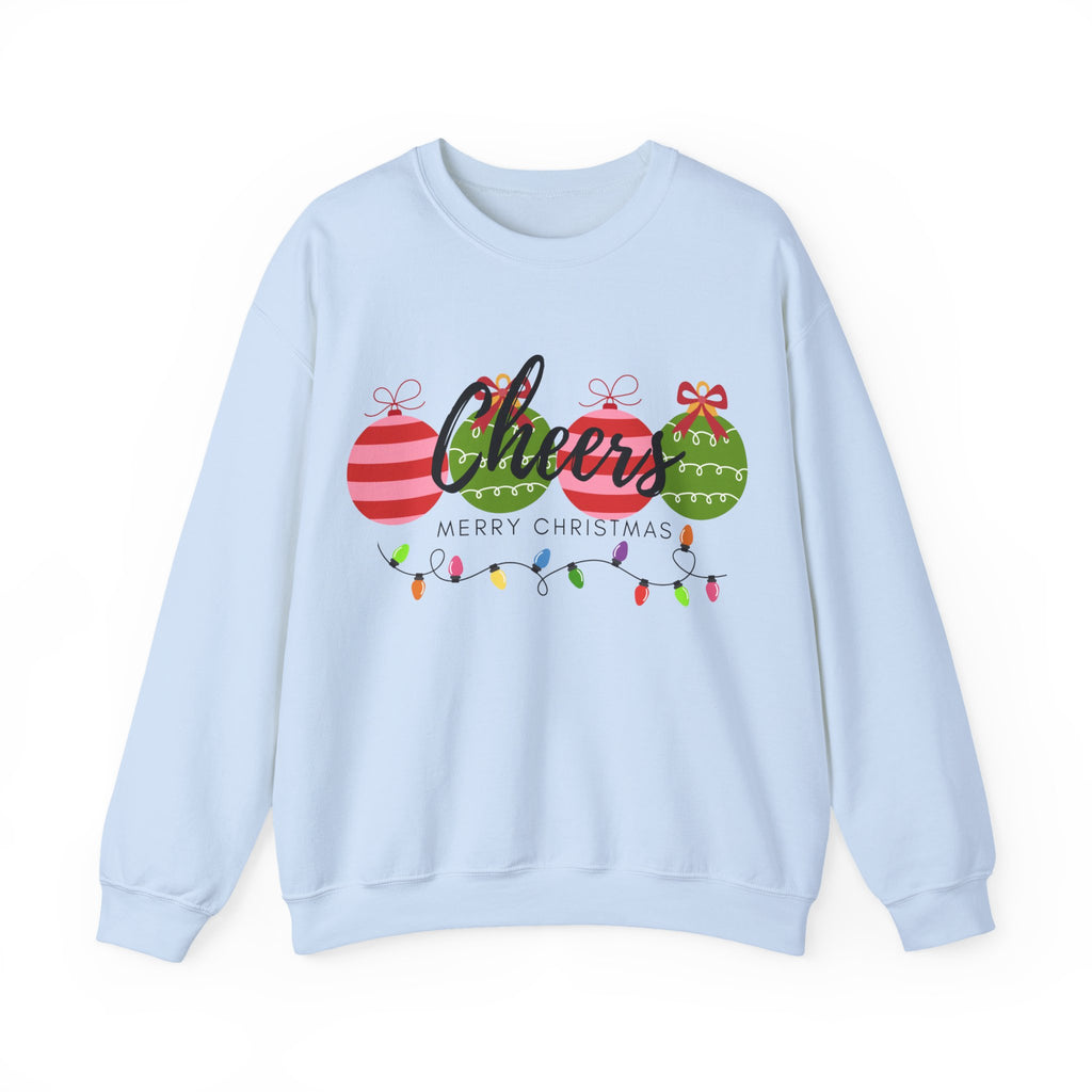 Cheers Merry Christmas Sweatshirt — Festive Ornaments & Lights Holiday Crewneck