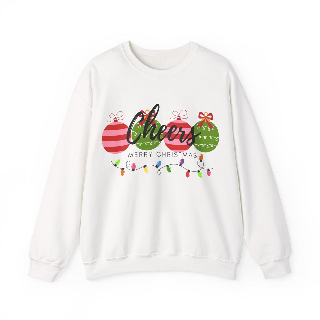 Cheers Merry Christmas Sweatshirt — Festive Ornaments & Lights Holiday Crewneck