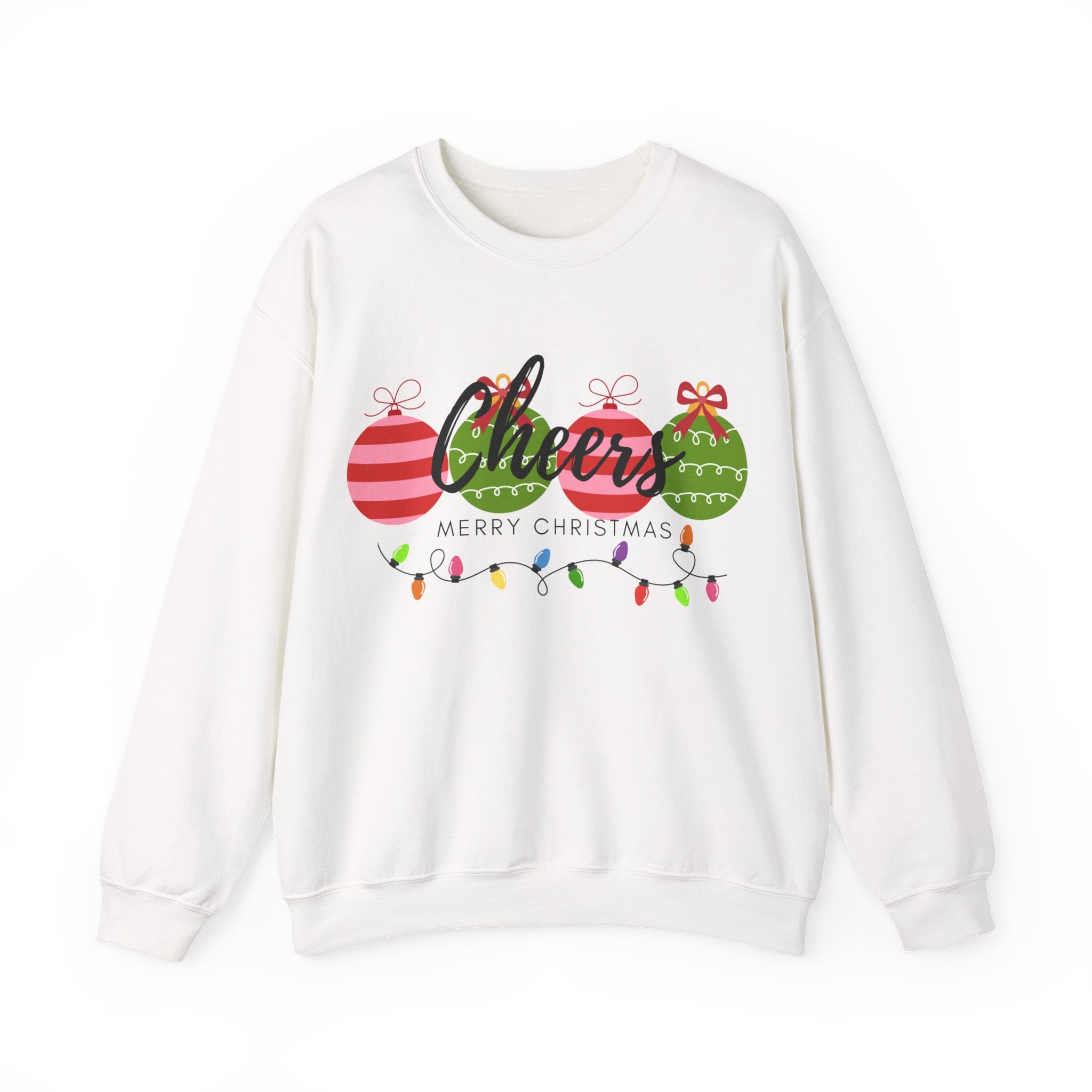 Cheers Merry Christmas Sweatshirt — Festive Ornaments & Lights Holiday Crewneck
