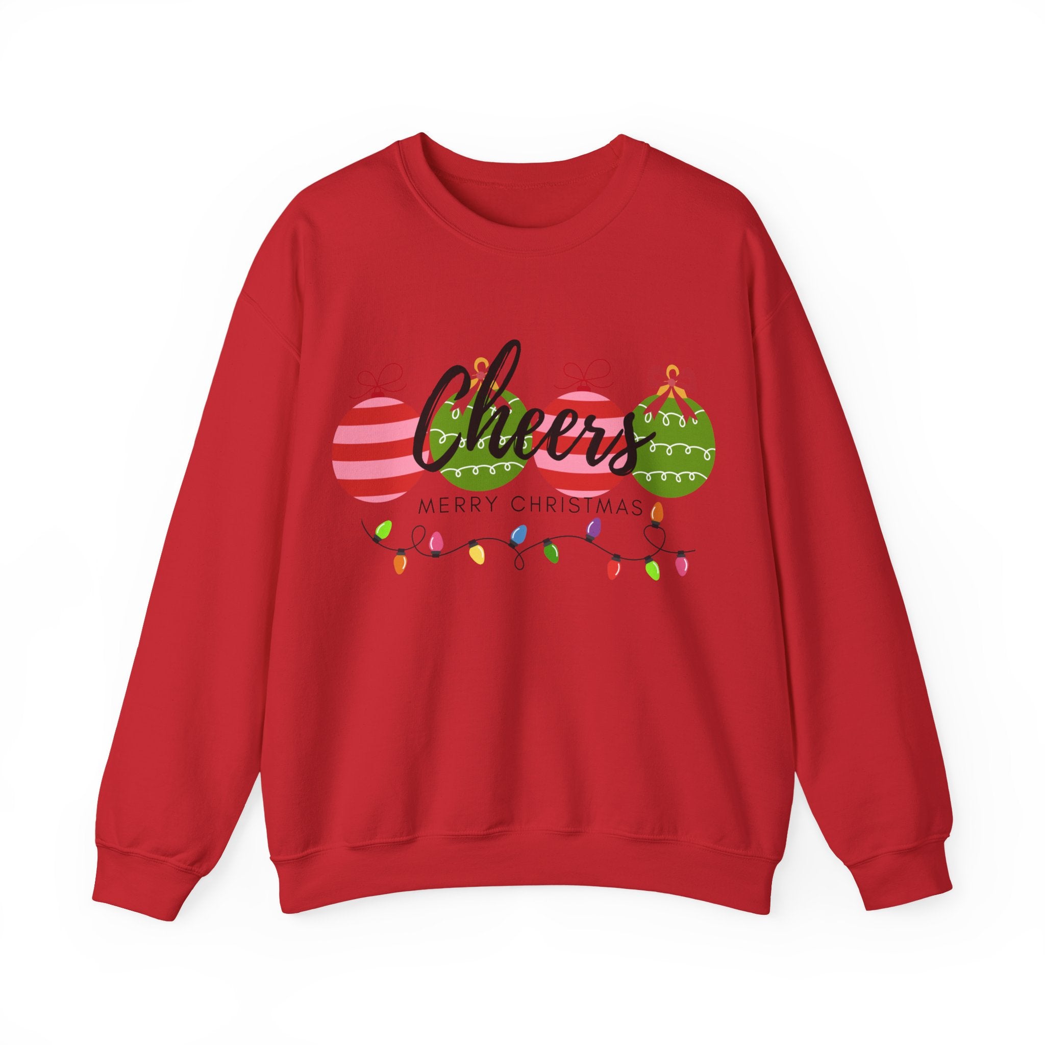 Cheers Merry Christmas Sweatshirt — Festive Ornaments & Lights Holiday Crewneck