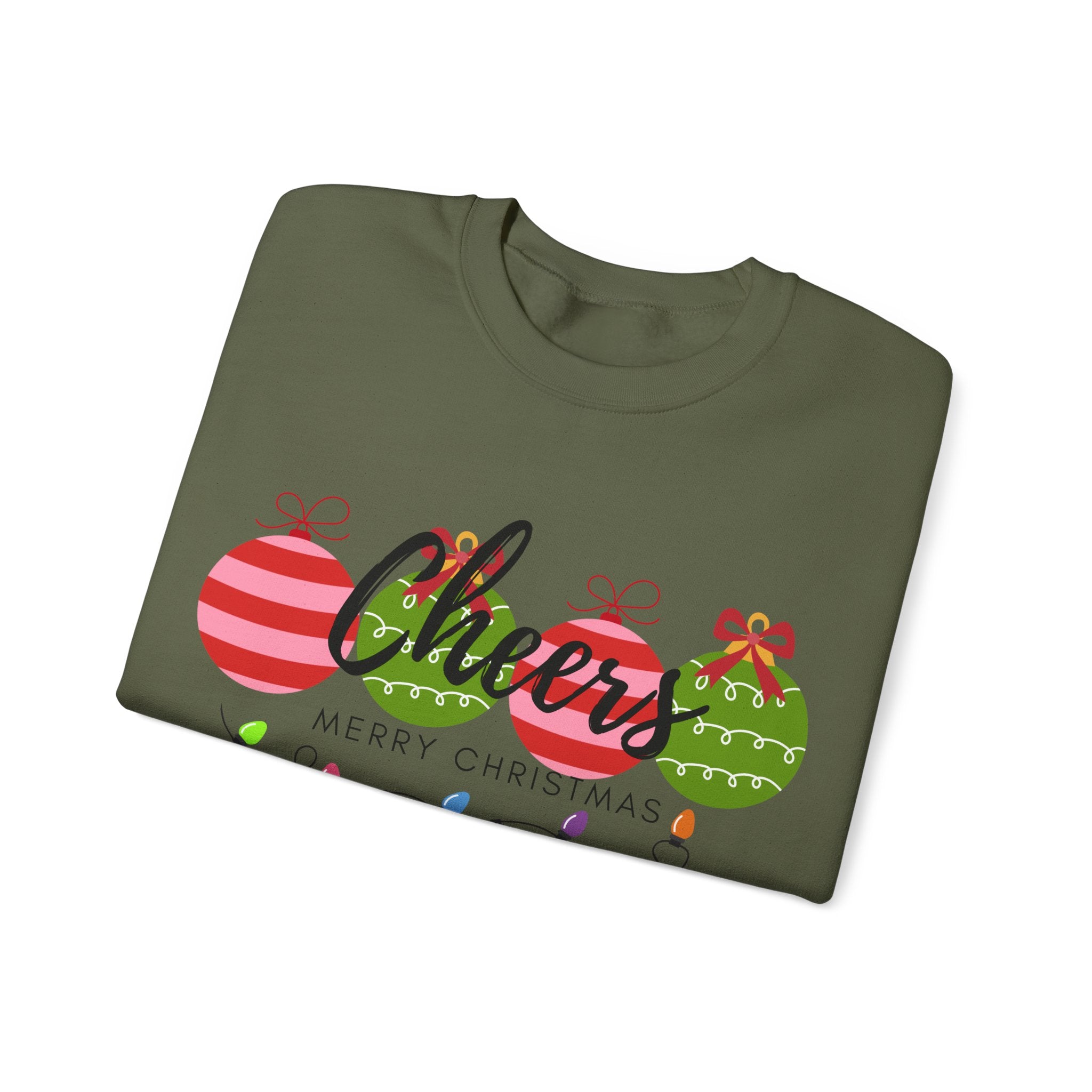 Cheers Merry Christmas Sweatshirt — Festive Ornaments & Lights Holiday Crewneck