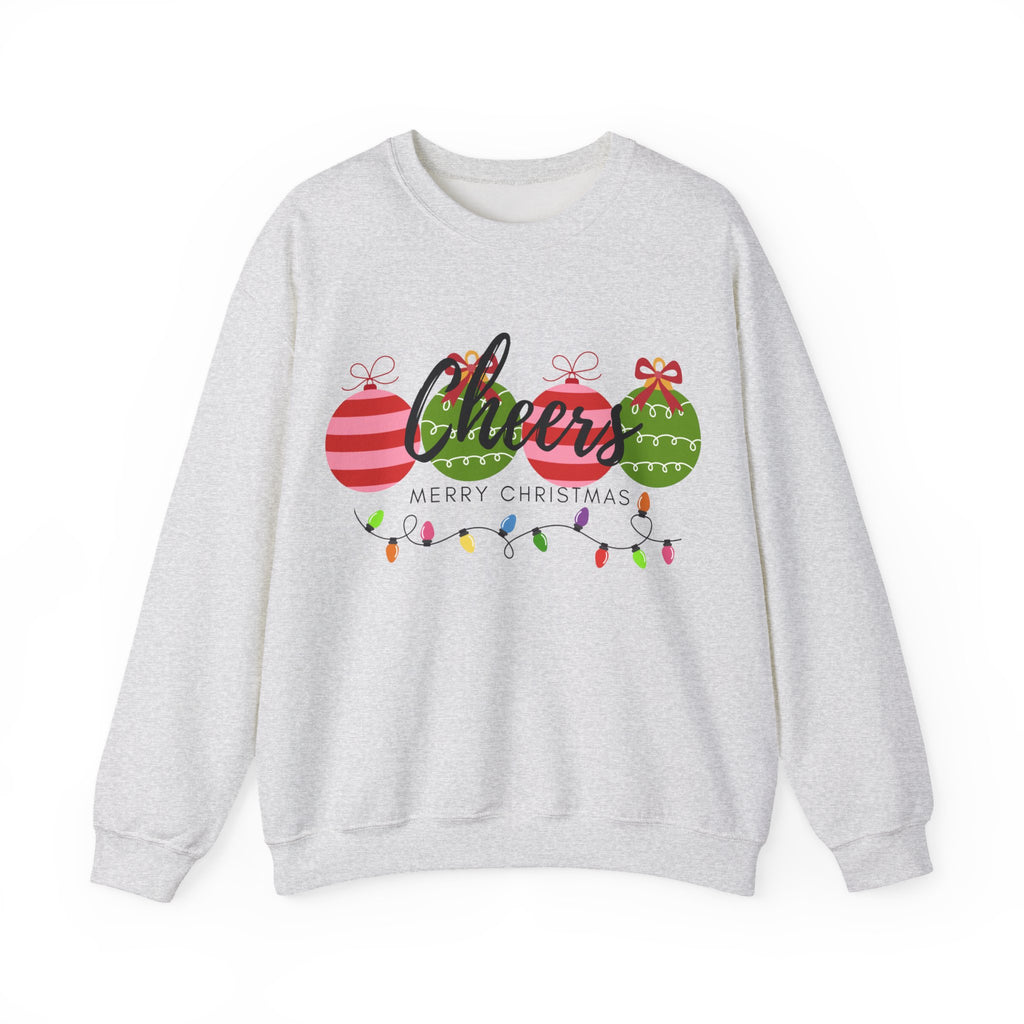 Cheers Merry Christmas Sweatshirt — Festive Ornaments & Lights Holiday Crewneck