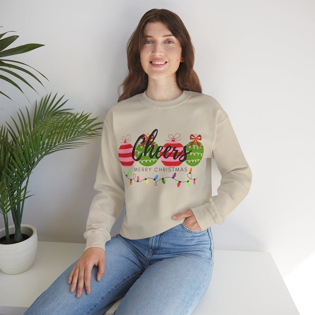 Cheers Merry Christmas Sweatshirt — Festive Ornaments & Lights Holiday Crewneck