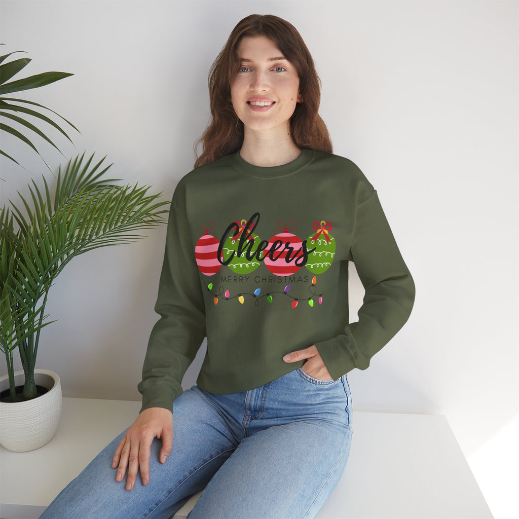 Cheers Merry Christmas Sweatshirt — Festive Ornaments & Lights Holiday Crewneck