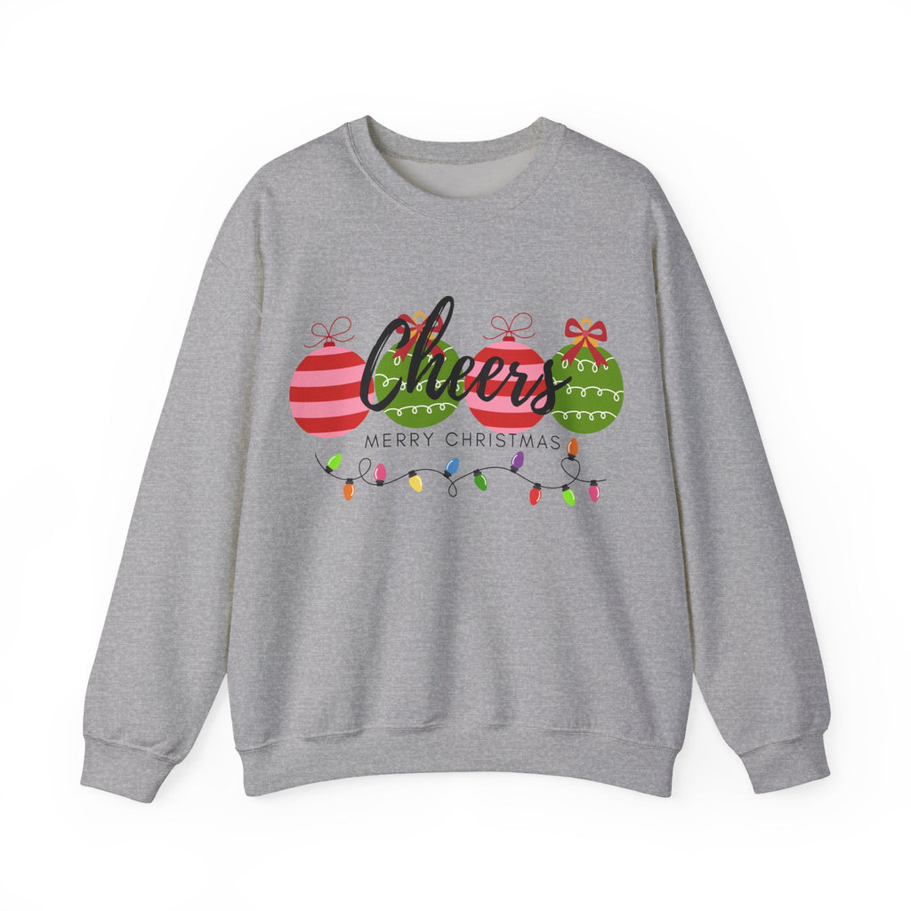 Cheers Merry Christmas Sweatshirt — Festive Ornaments & Lights Holiday Crewneck