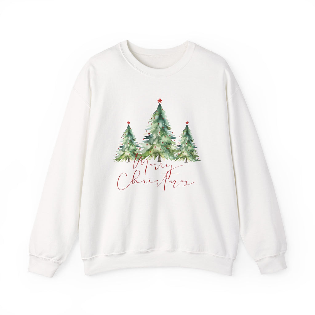 Christmas Tree Crewneck Sweatshirt — 'Merry Christmas' Watercolor Pines