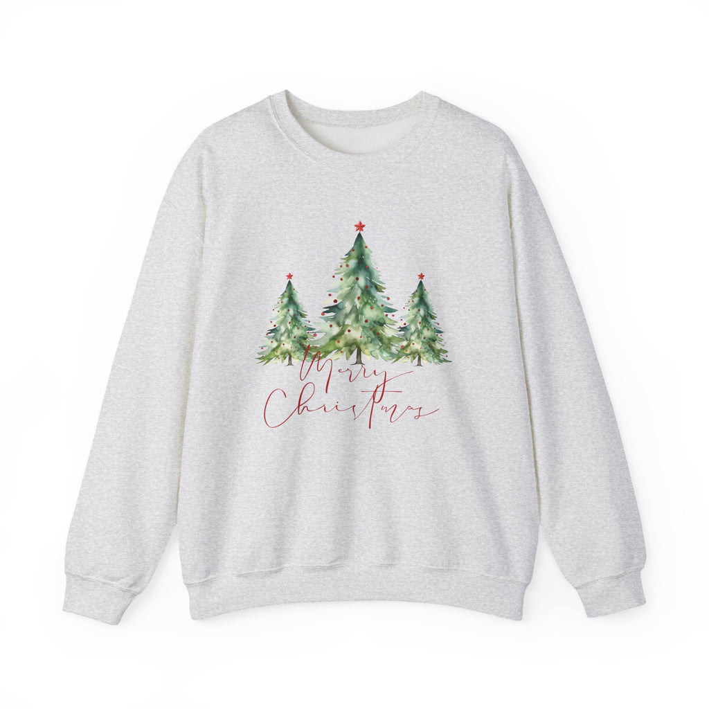 Christmas Tree Crewneck Sweatshirt — 'Merry Christmas' Watercolor Pines