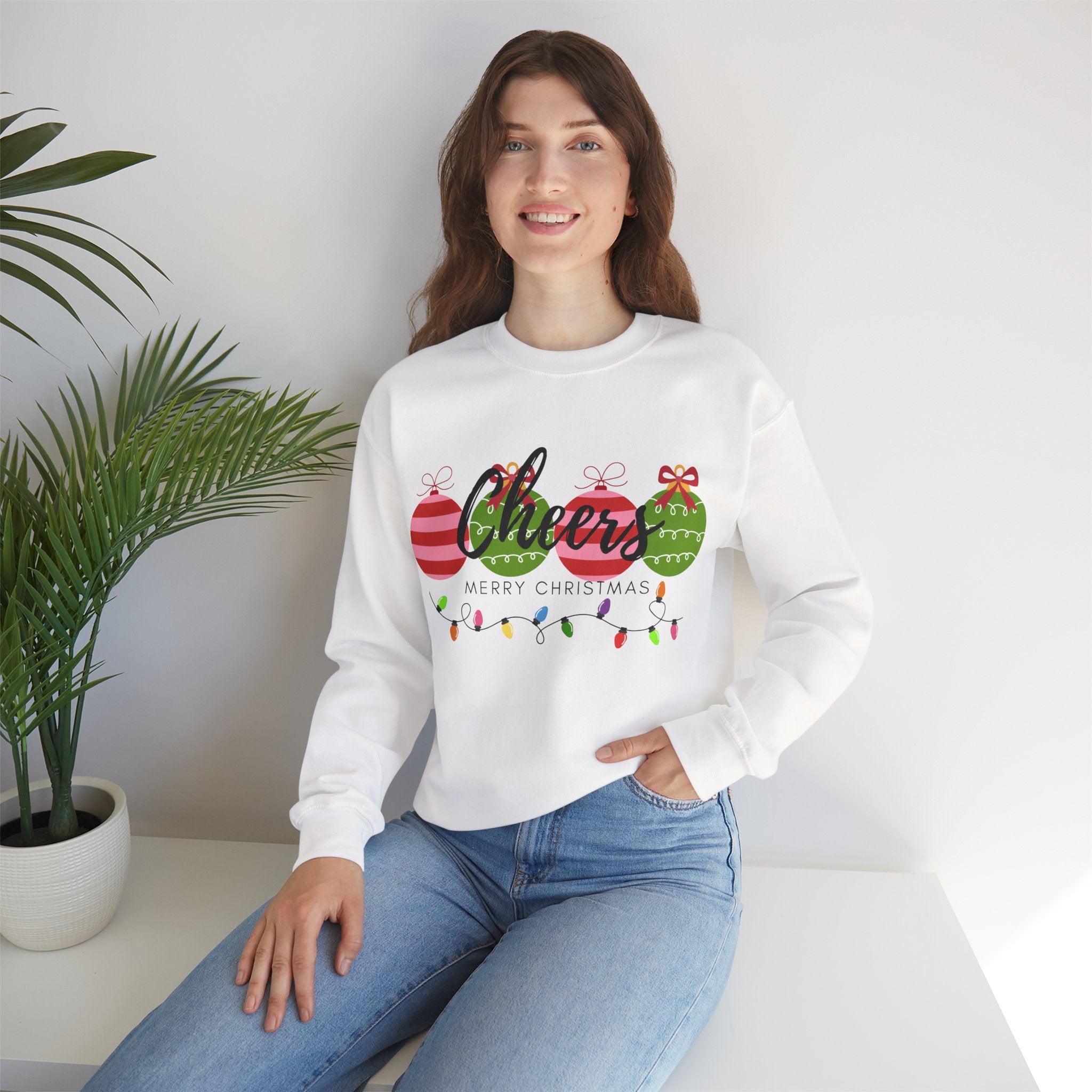 Cheers Merry Christmas Sweatshirt — Festive Ornaments & Lights Holiday Crewneck