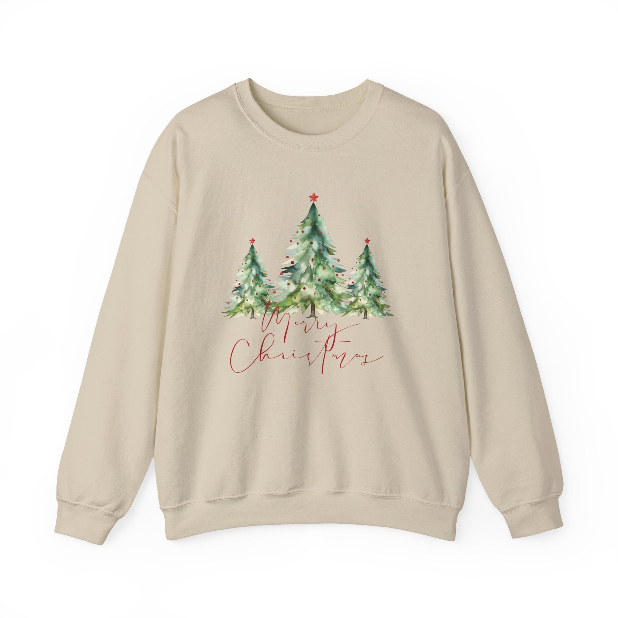 Christmas Tree Crewneck Sweatshirt — 'Merry Christmas' Watercolor Pines