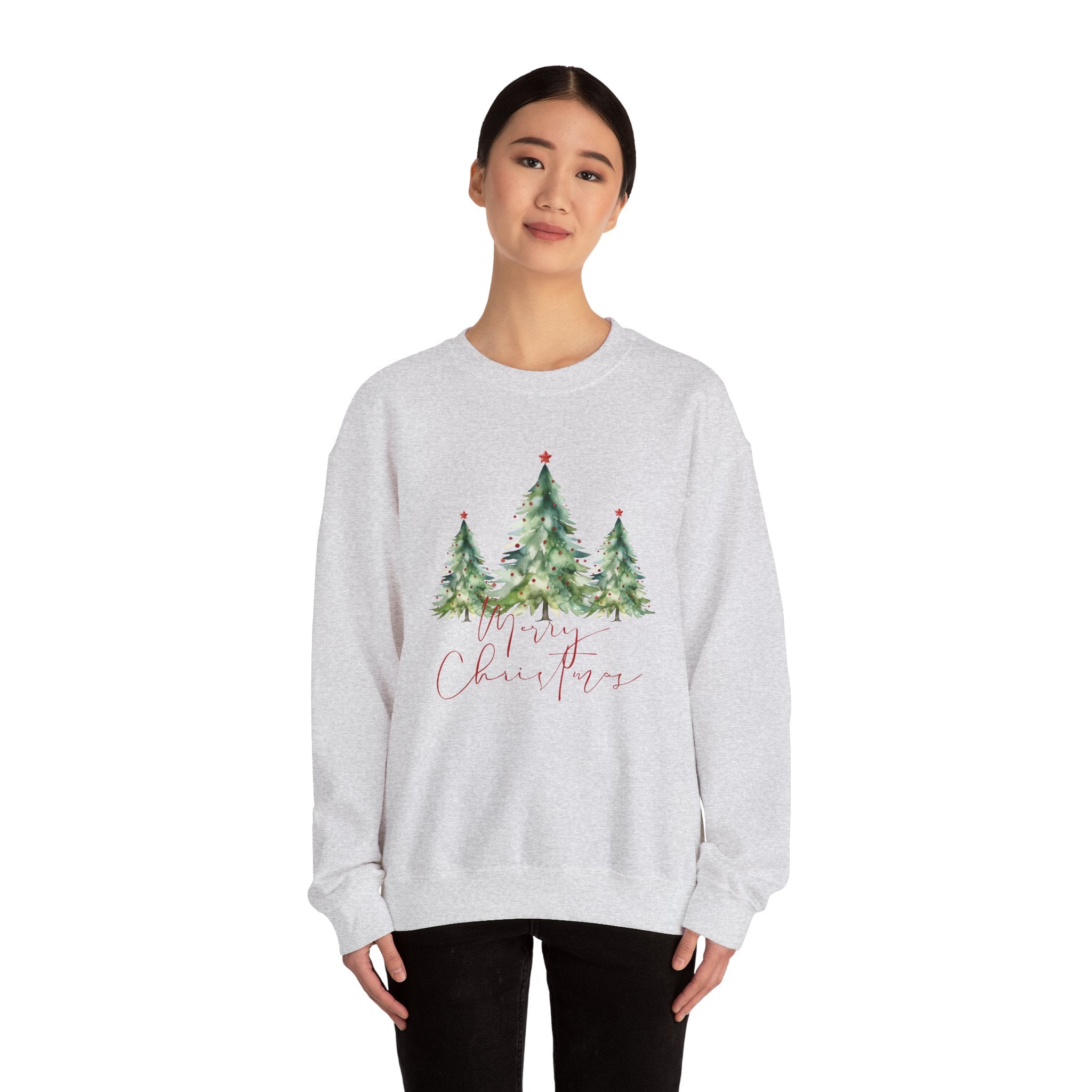Christmas Tree Crewneck Sweatshirt — 'Merry Christmas' Watercolor Pines