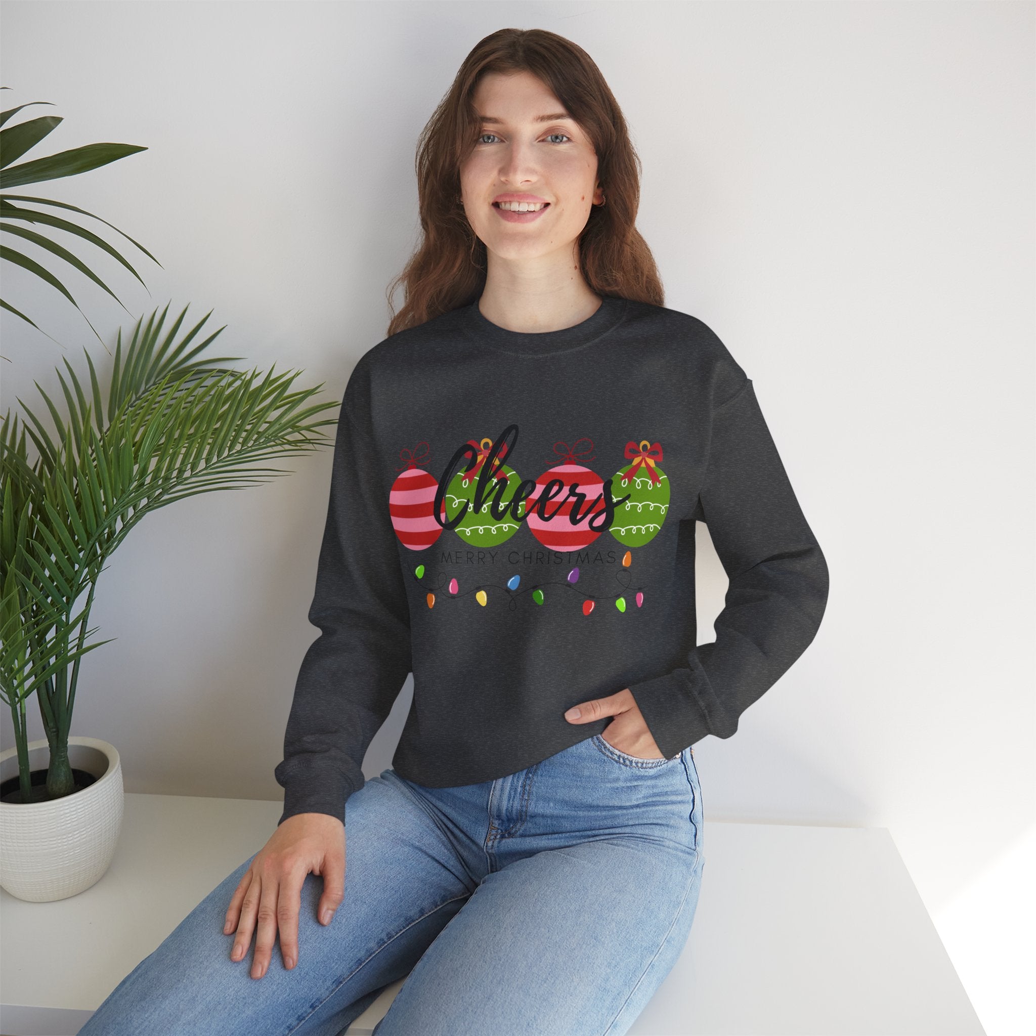 Cheers Merry Christmas Sweatshirt — Festive Ornaments & Lights Holiday Crewneck
