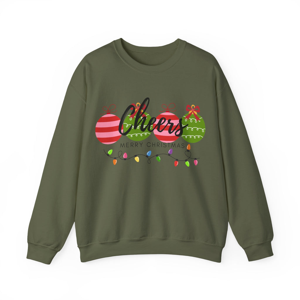 Cheers Merry Christmas Sweatshirt — Festive Ornaments & Lights Holiday Crewneck