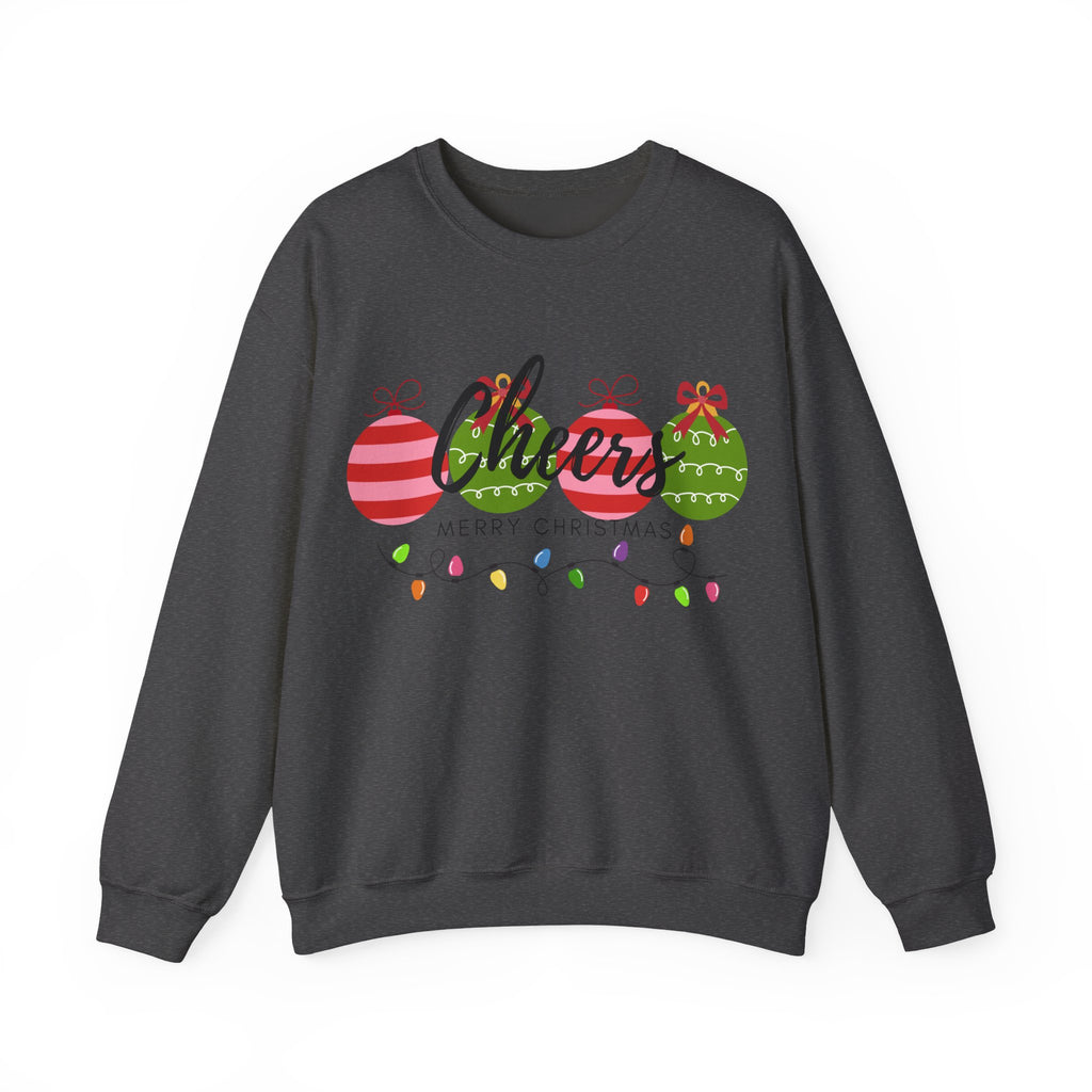 Cheers Merry Christmas Sweatshirt — Festive Ornaments & Lights Holiday Crewneck