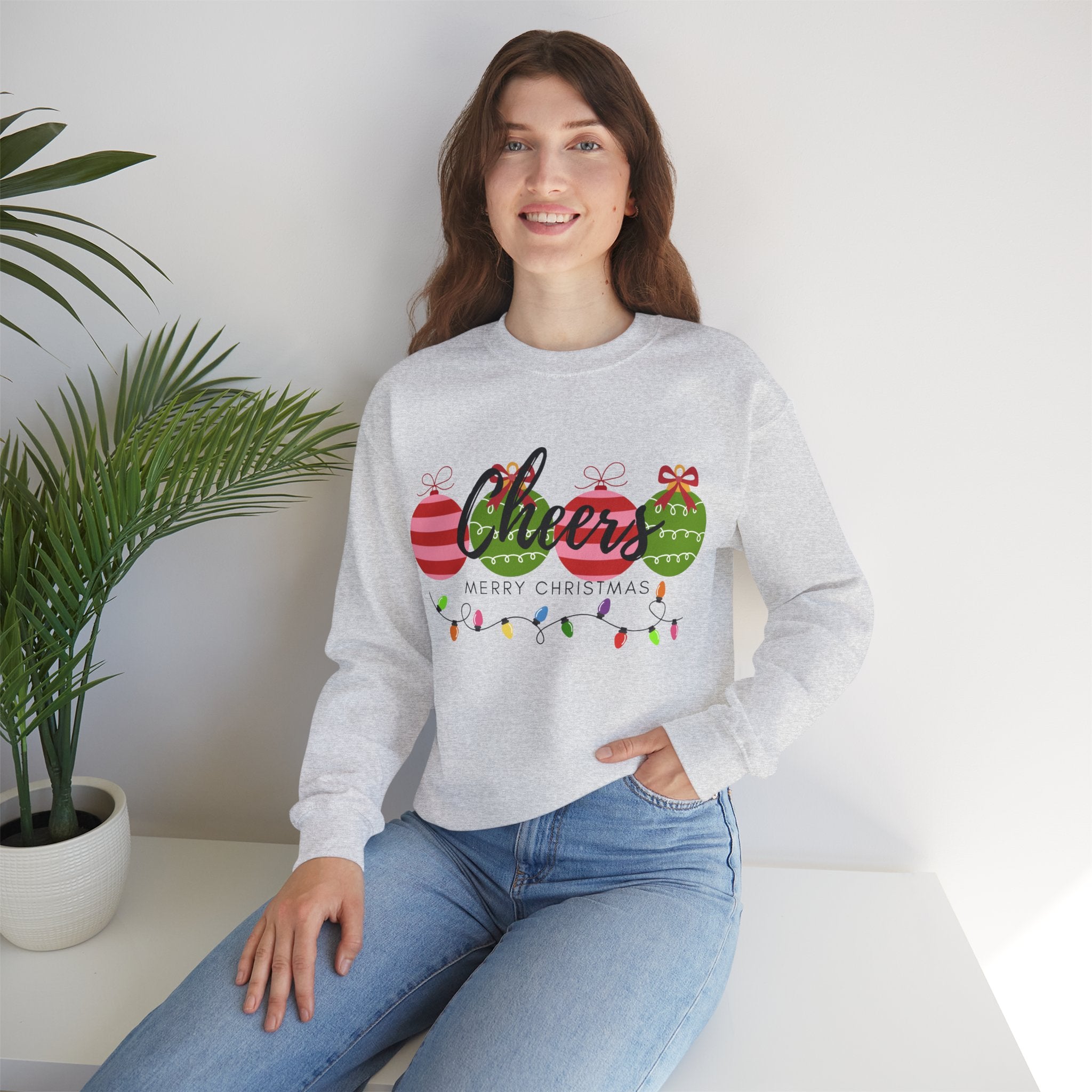 Cheers Merry Christmas Sweatshirt — Festive Ornaments & Lights Holiday Crewneck