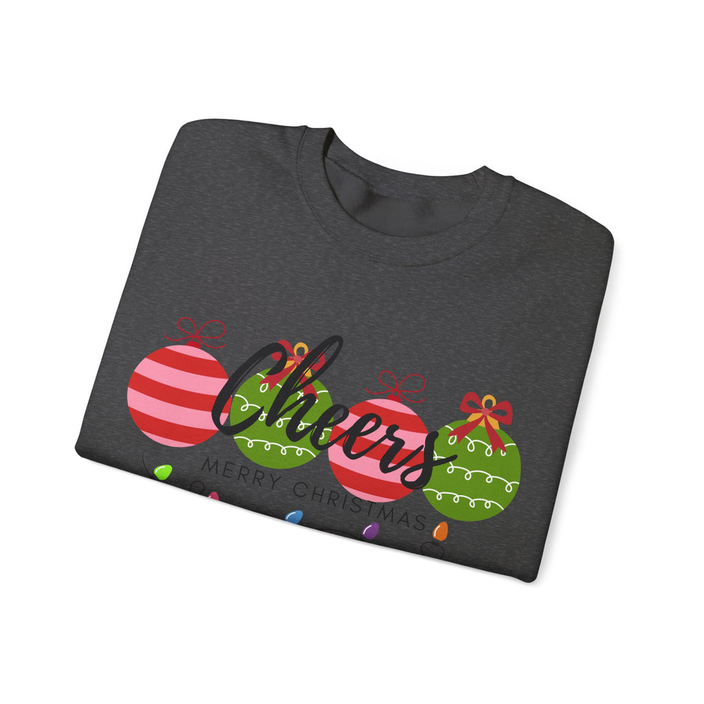 Cheers Merry Christmas Sweatshirt — Festive Ornaments & Lights Holiday Crewneck