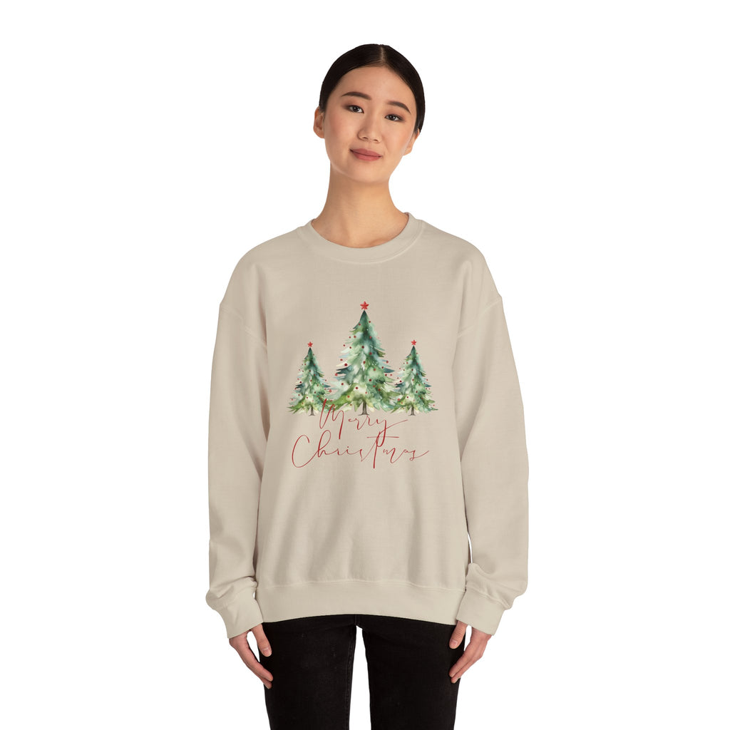 Christmas Tree Crewneck Sweatshirt — 'Merry Christmas' Watercolor Pines