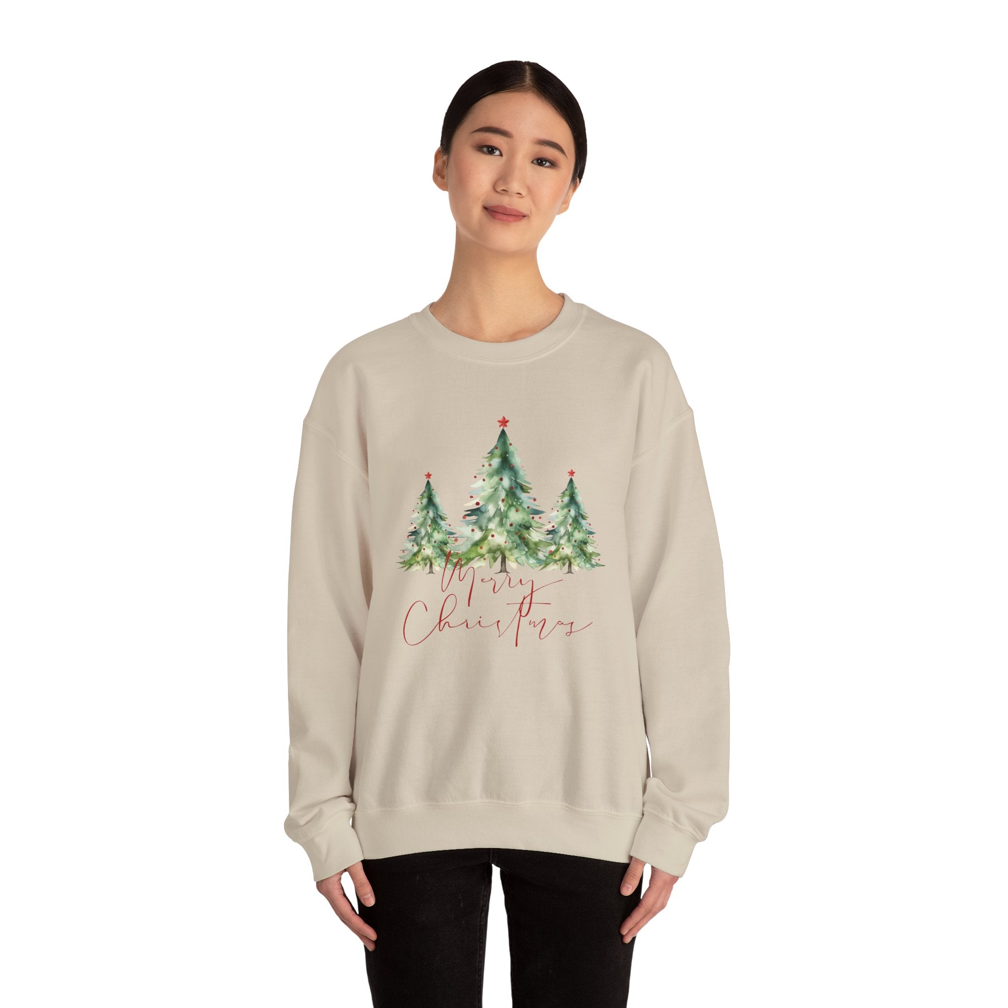 Christmas Tree Crewneck Sweatshirt — 'Merry Christmas' Watercolor Pines