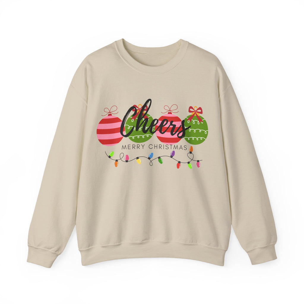 Cheers Merry Christmas Sweatshirt — Festive Ornaments & Lights Holiday Crewneck