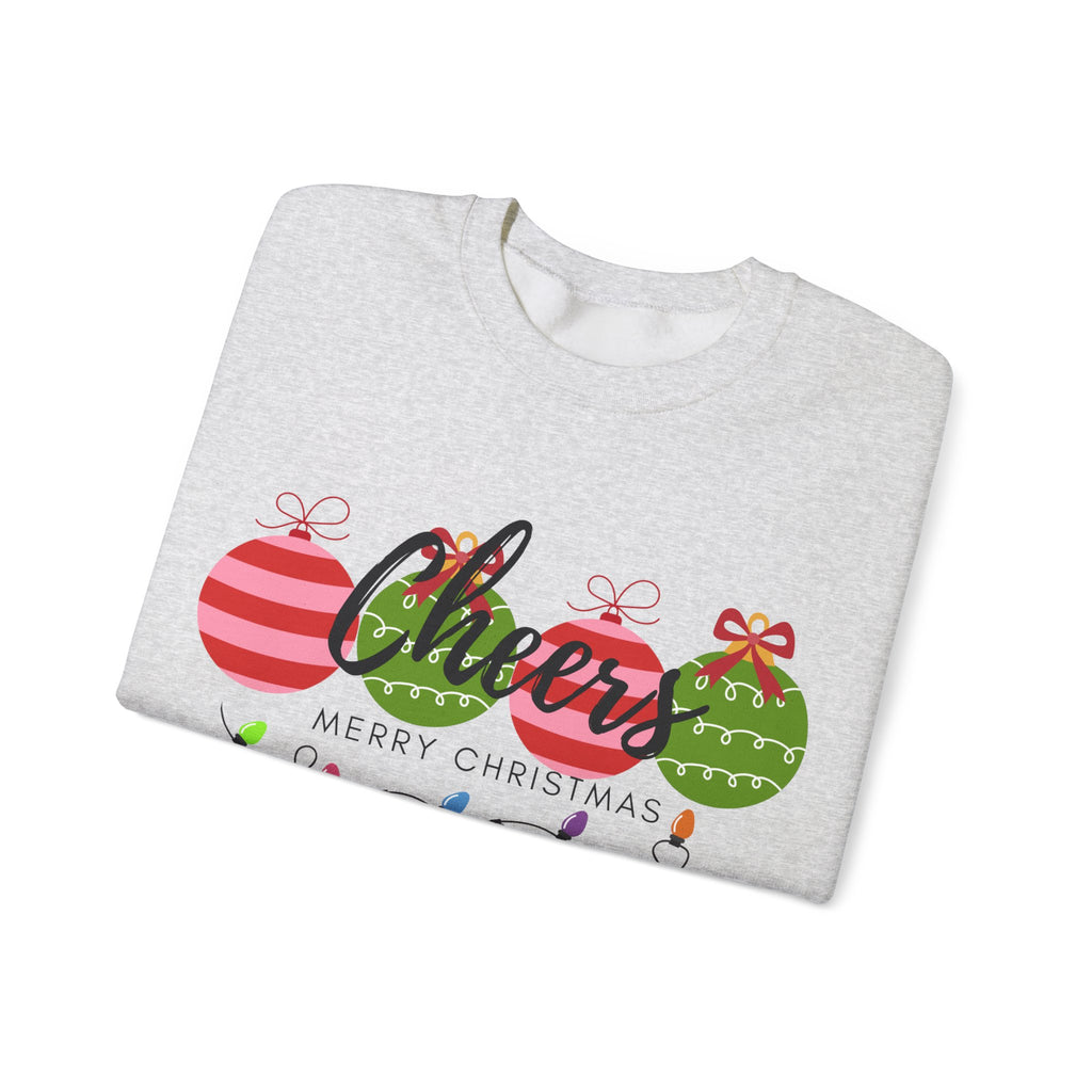 Cheers Merry Christmas Sweatshirt — Festive Ornaments & Lights Holiday Crewneck