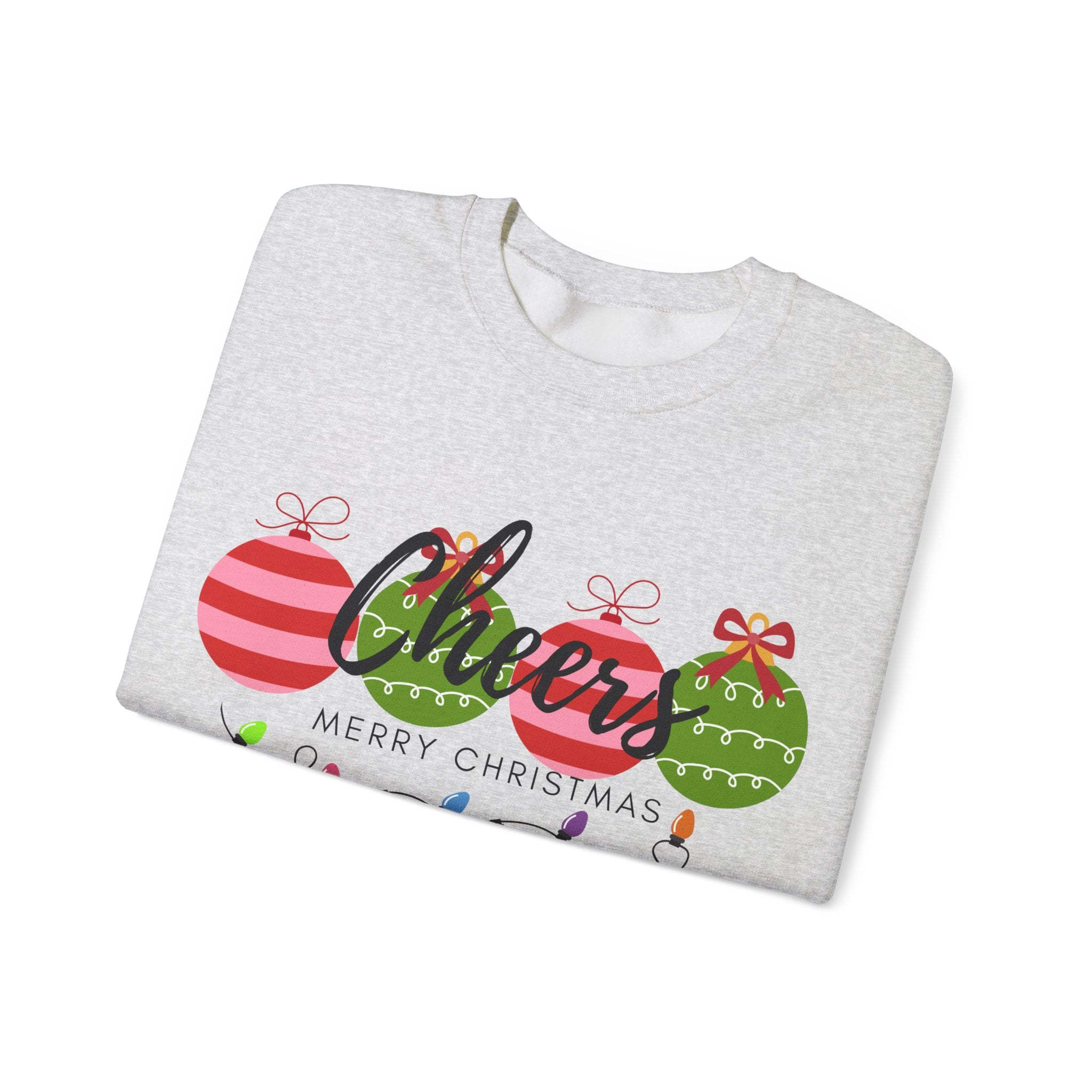 Cheers Merry Christmas Sweatshirt — Festive Ornaments & Lights Holiday Crewneck